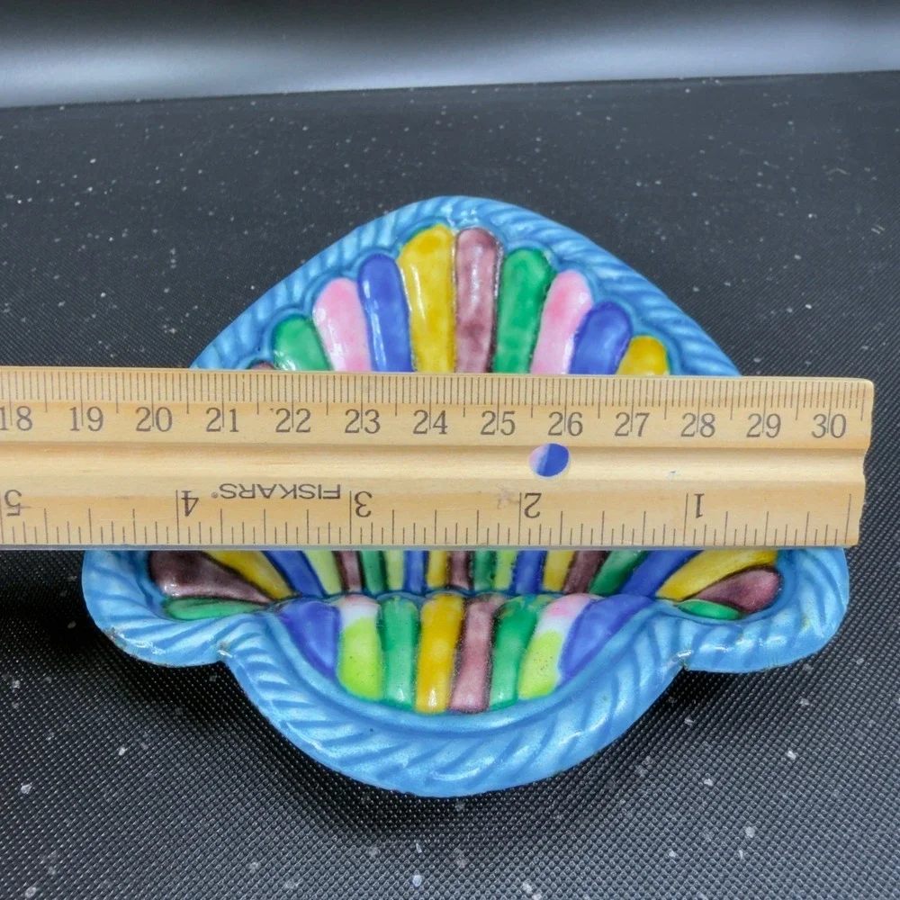 Vintage Enameled Metal Seashell Trinket Dish Multi Color Scallop Shell Tray Dish